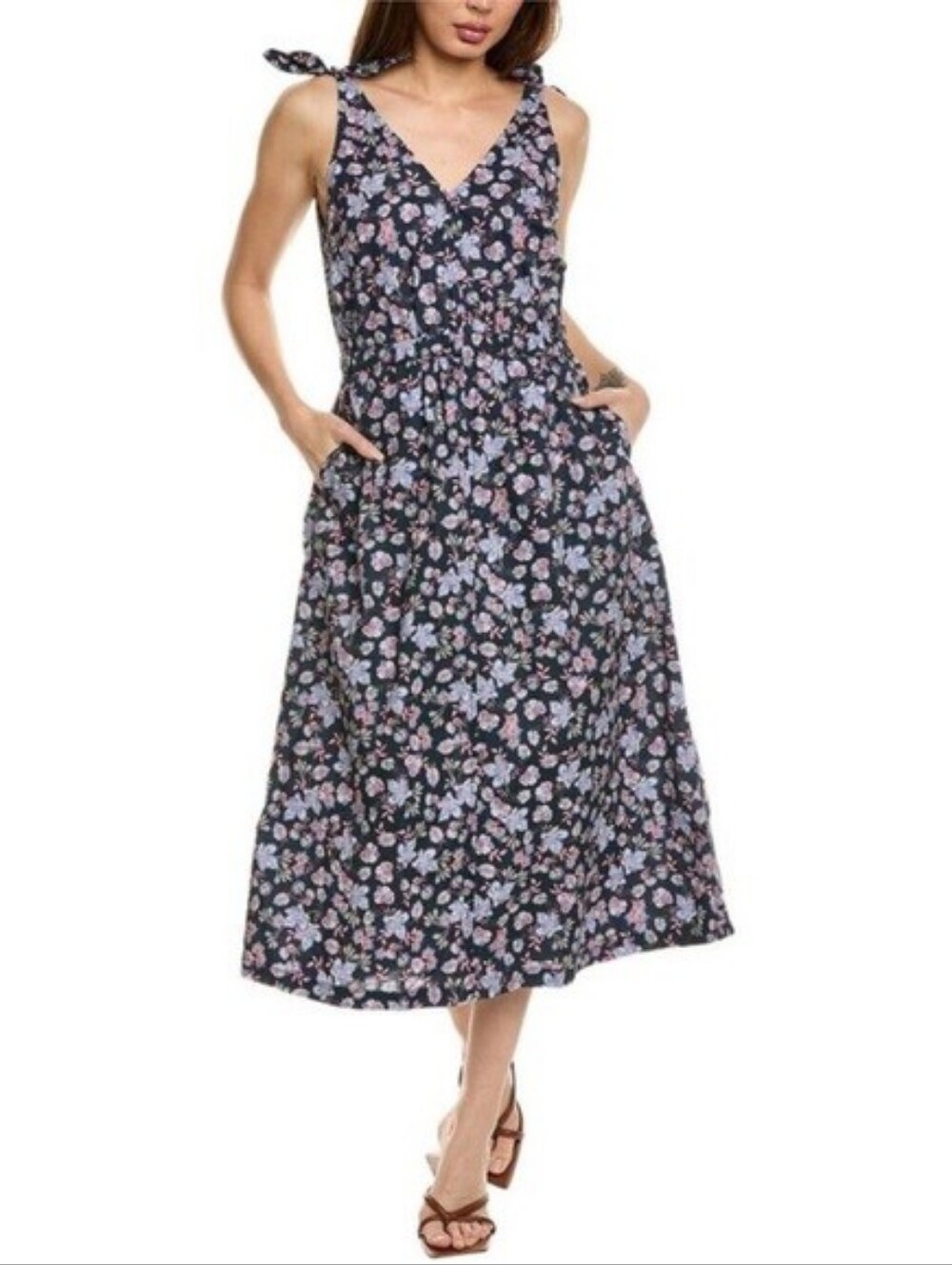 NATION LTD Marcela Floral Midi Dress Navy Blue Women's Size L Preppy Summer